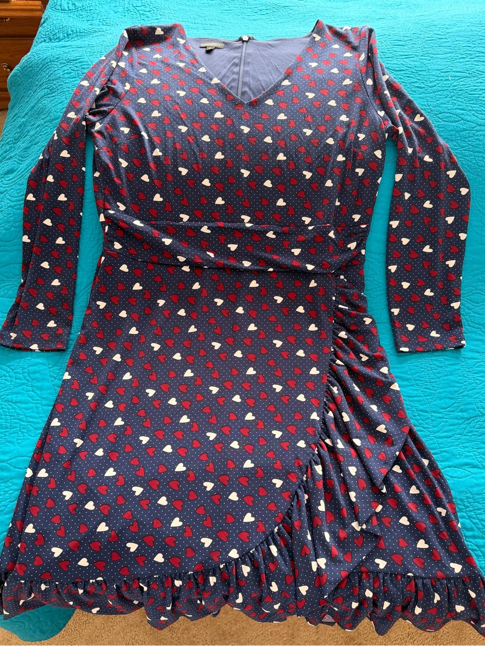 Talbots Navy Long-Sleeve Dress with Red and White Heart Print